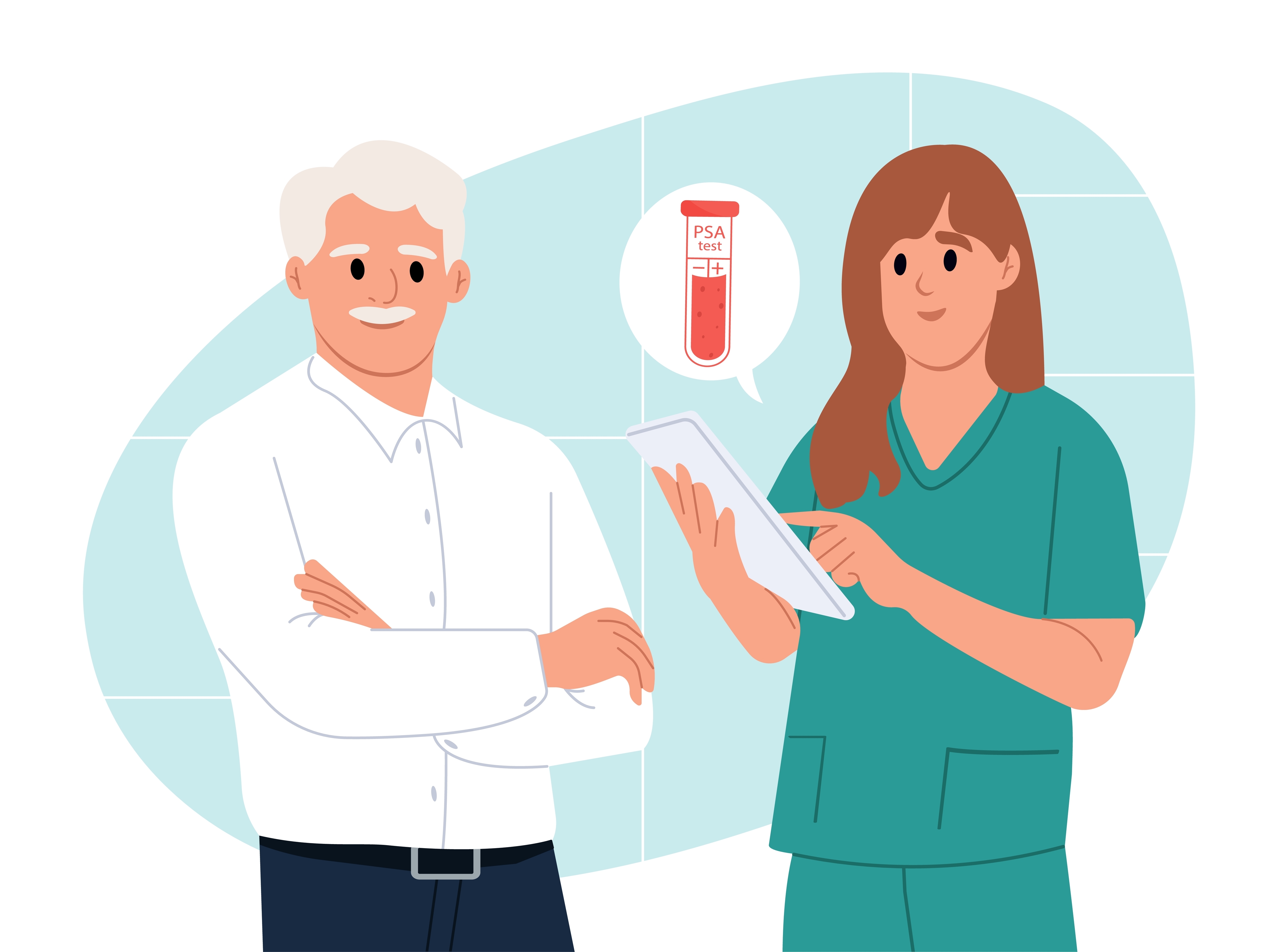 Female doctor speaking to older man with image of blood in a psa test tube