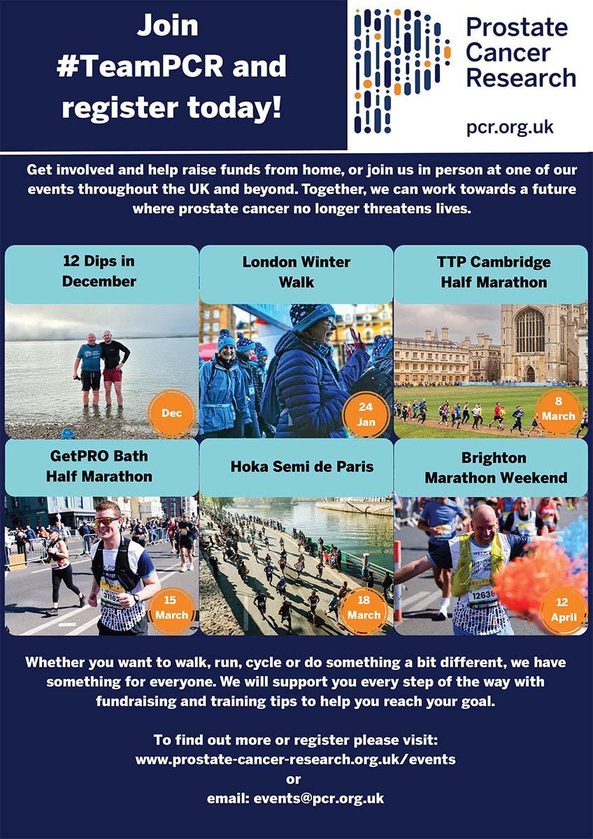 Opportunities to get involved with Prostate Cancer Research events across the UK.  From walks and runs to national challenge events, with opportunities to take part in support of prostate cancer research.